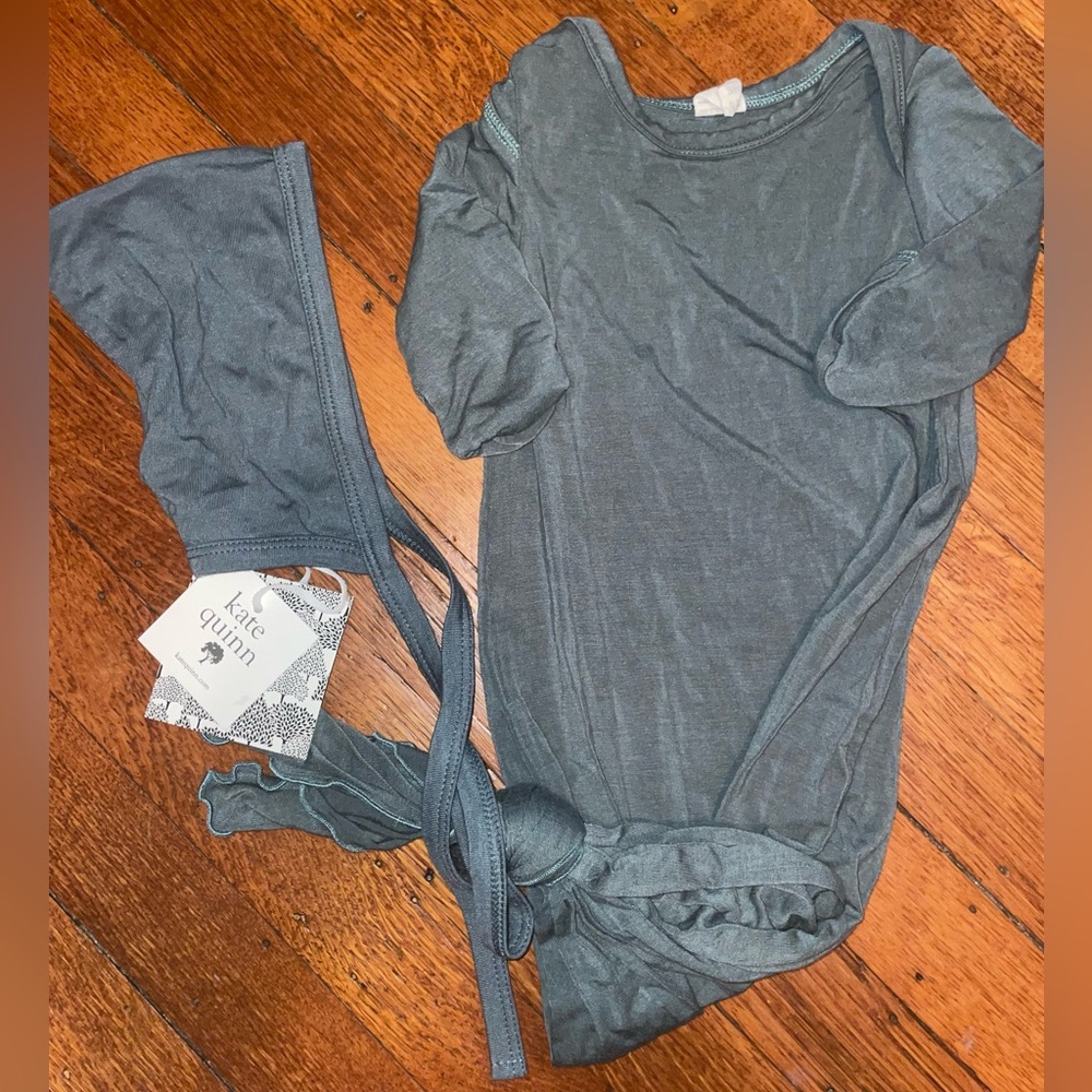 super soft stretch bamboo NB newborn 0-3 knotted gown gender neutral blue gray